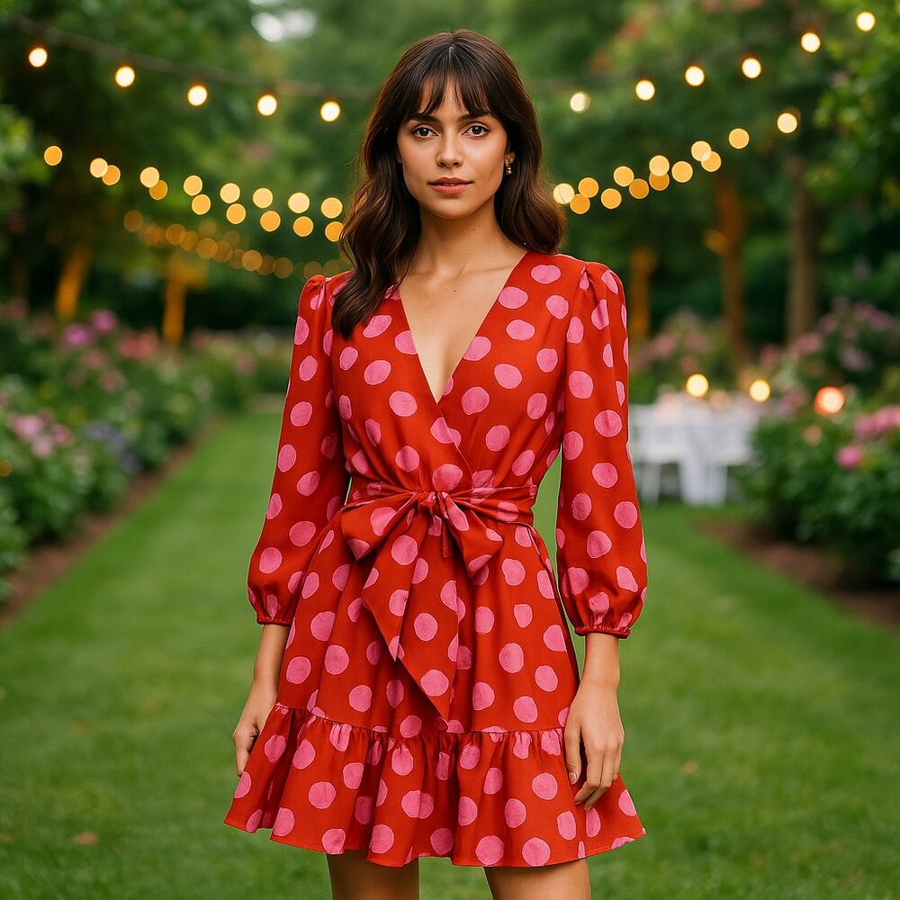 Borgo de Nor Anita‎ Red & Pink Polka Dot Cotton Poplin Dress- Size US 6